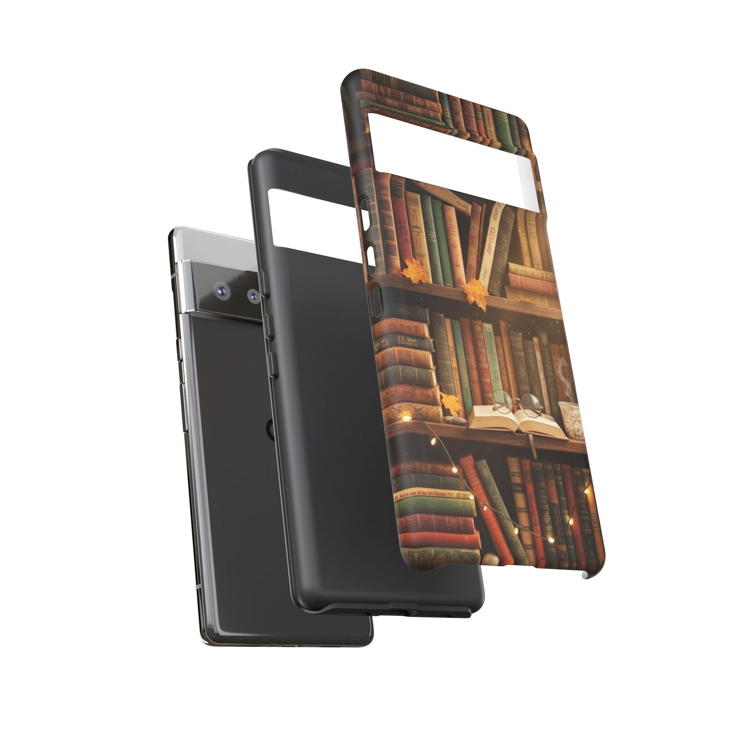 Cozy Vintage Bookshelf Phone Case, Library Aesthetic Book Stack, Autumn Coffee Vibes (iPhone, Samsung, Pixel)
