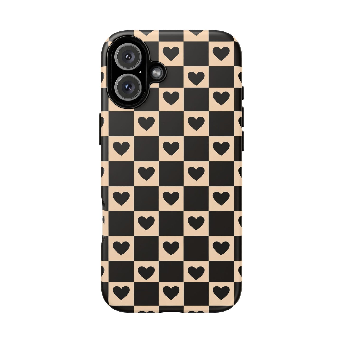 Checkerboard Heart Phone Case – Black & Beige Cute Aesthetic Protective Cover for Iphone, Samsung Galaxy and Pixel