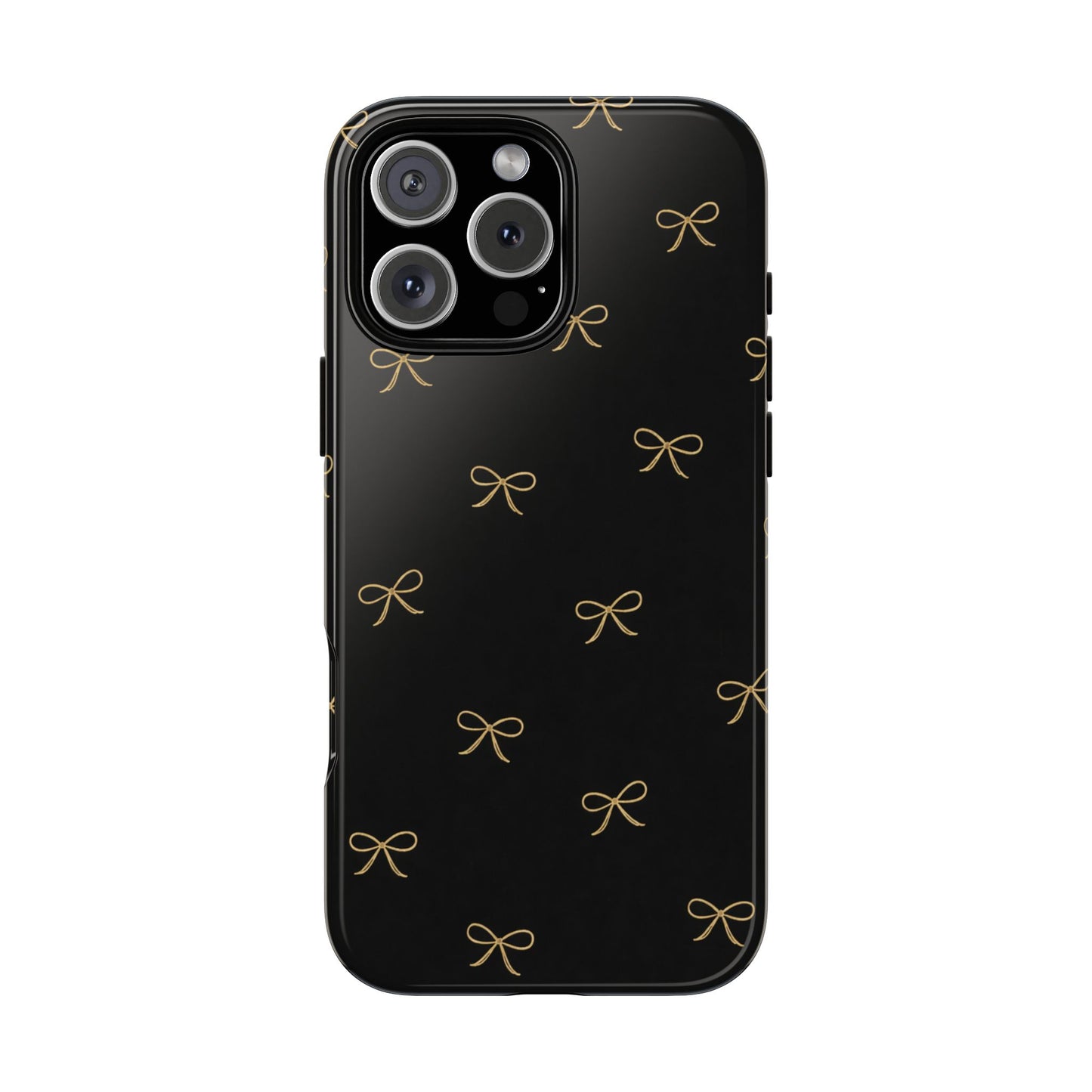 Black Phone Case with Gold Bow Pattern – Slim Protective Cute Aesthetic Cover for Iphone, Samsung Galaxy and Pixel