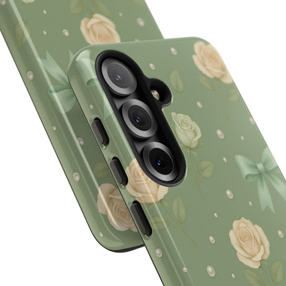 Vintage Rose Bow Phone Case – Sage Green Floral Coquette Aesthetic Tough Case (iPhone, Samsung, Pixel)