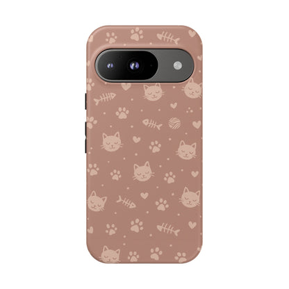 Cute Cat Pattern Phone Case | Paw Prints, Fishbone & Yarn Design Tough Case