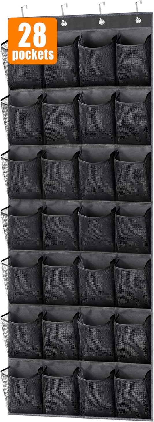 28 Large Pockets Hanging Shoe Organizer over the Door Shoe Rack for Closet Door Storage Mesh Shoe Holder Hanger for Men, Black