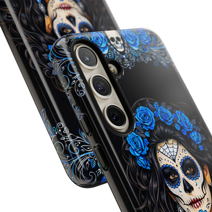 Blue Sugar Skull Woman Phone Case – Day of the Dead Aesthetic Tough Cover