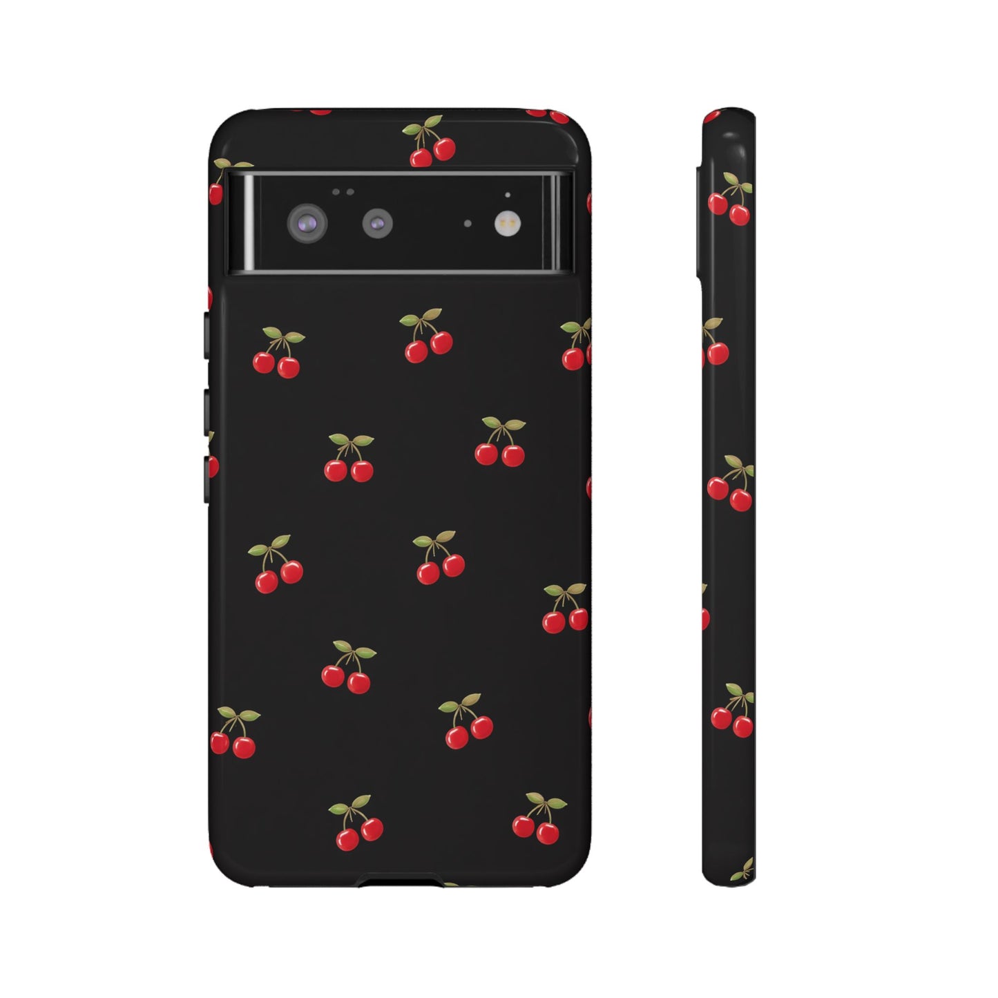 Cherry Pattern Phone Case — Slim Black Protective iPhone Case with Red Cherries for Iphone, Samsung Galaxy and Pixel