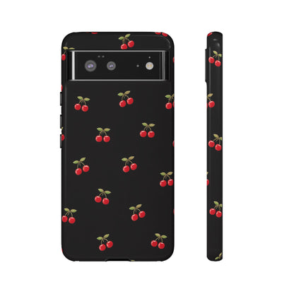 Cherry Pattern Phone Case — Slim Black Protective iPhone Case with Red Cherries for Iphone, Samsung Galaxy and Pixel