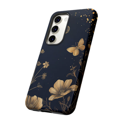 Gold Floral Butterfly Phone Case, Dark Aesthetic Botanical, Elegant Black Luxury iPhone Samsung Cover