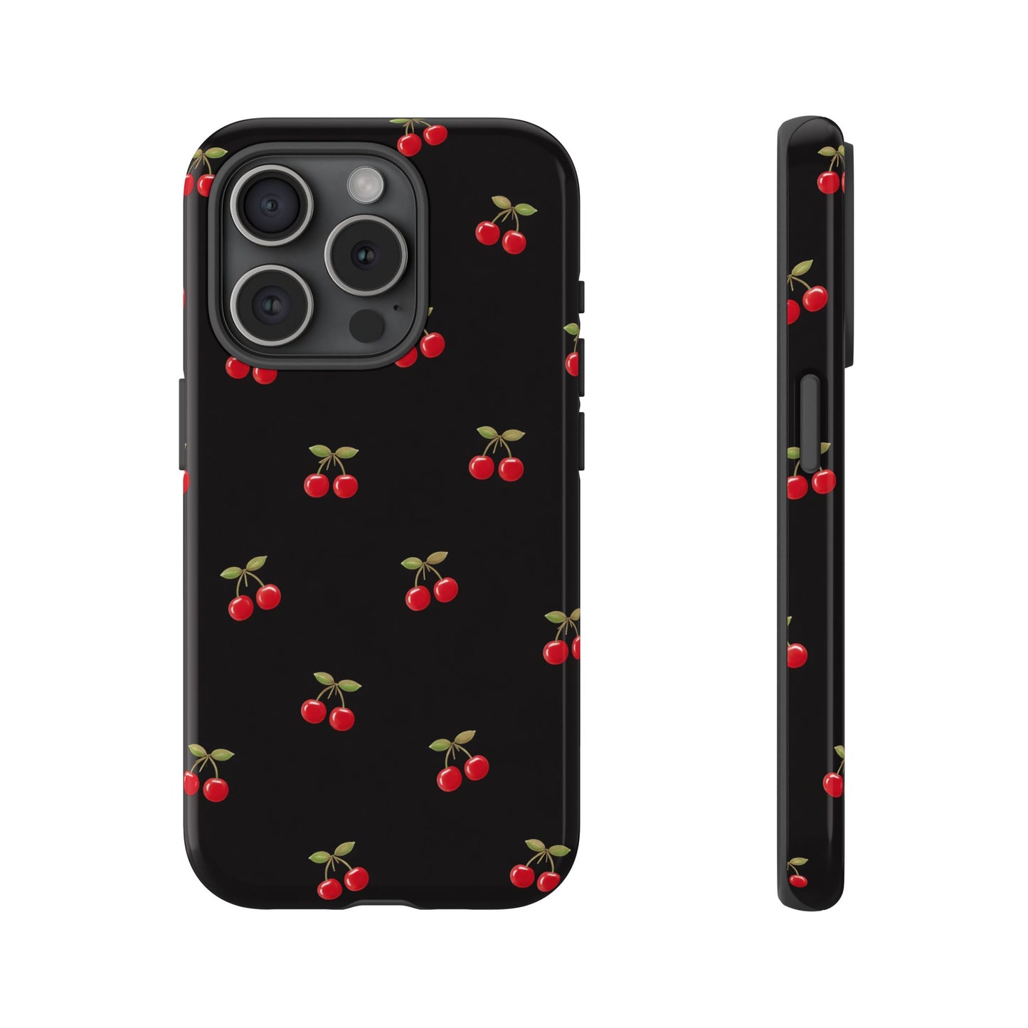 Cherry Pattern Phone Case — Slim Black Protective iPhone Case with Red Cherries for Iphone, Samsung Galaxy and Pixel