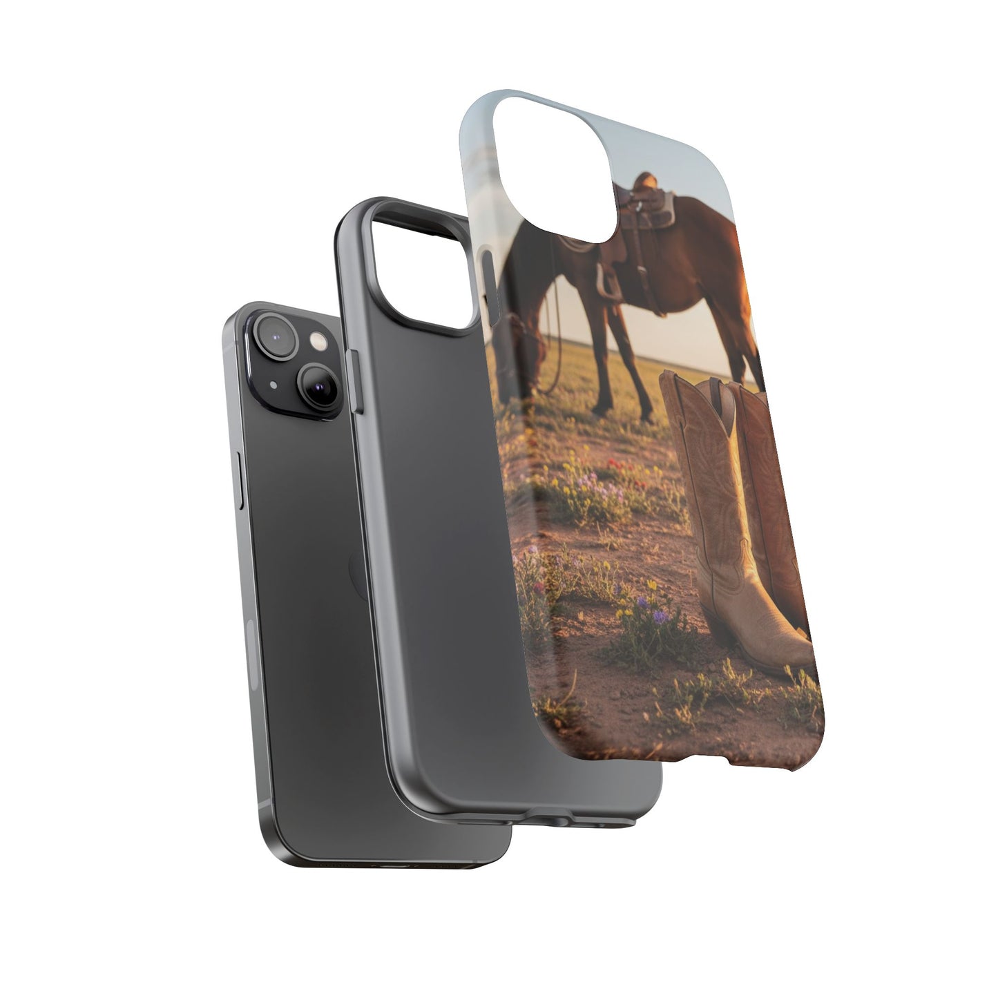 Western Cowboy Boots Phone Case – Rustic Horse Sunset Tough Case (iPhone, Samsung, Pixel)