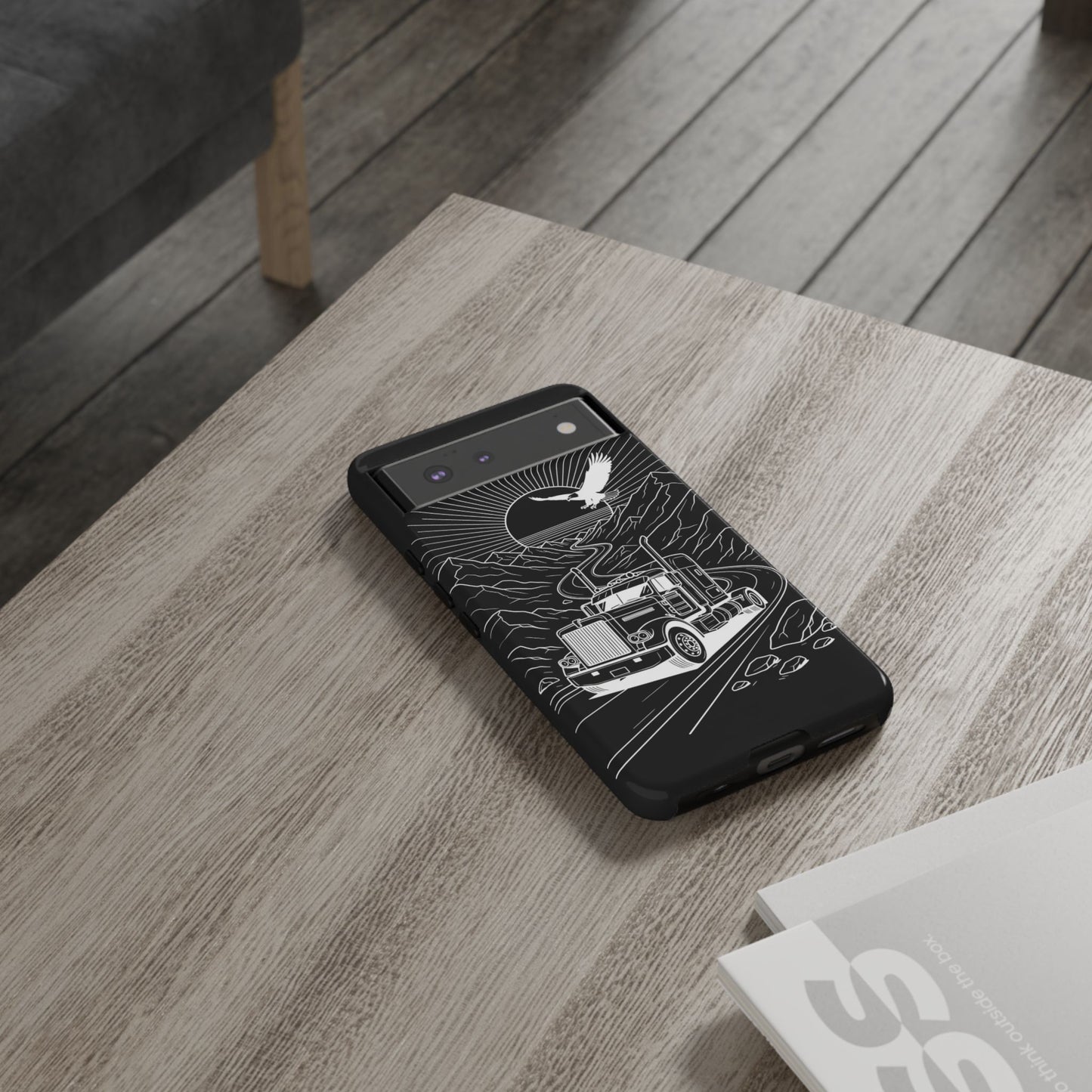 Trucker Highway Phone Case | Eagle & Mountain Line Art | Black Western Tough Case