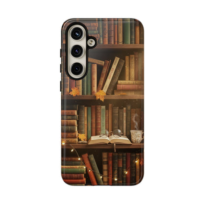 Cozy Vintage Bookshelf Phone Case, Library Aesthetic Book Stack, Autumn Coffee Vibes (iPhone, Samsung, Pixel)