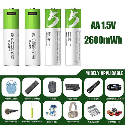 AA Rechargeable Batteries 4 Packs,1.5V 2600Mwh USB AA Lithium Batteries