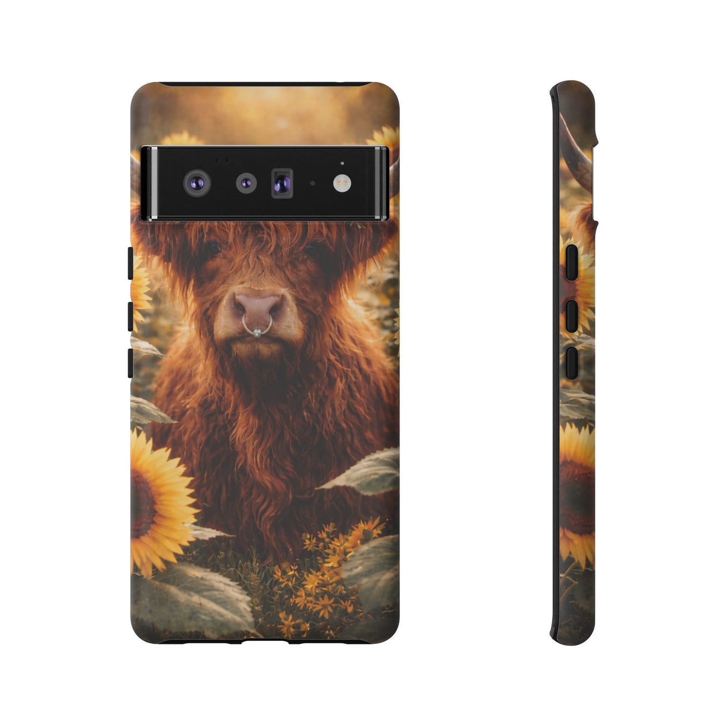 Highland Cow Sunflower Phone Case | Floral Farmhouse iPhone, Samsung Galaxy and Pixel Cover