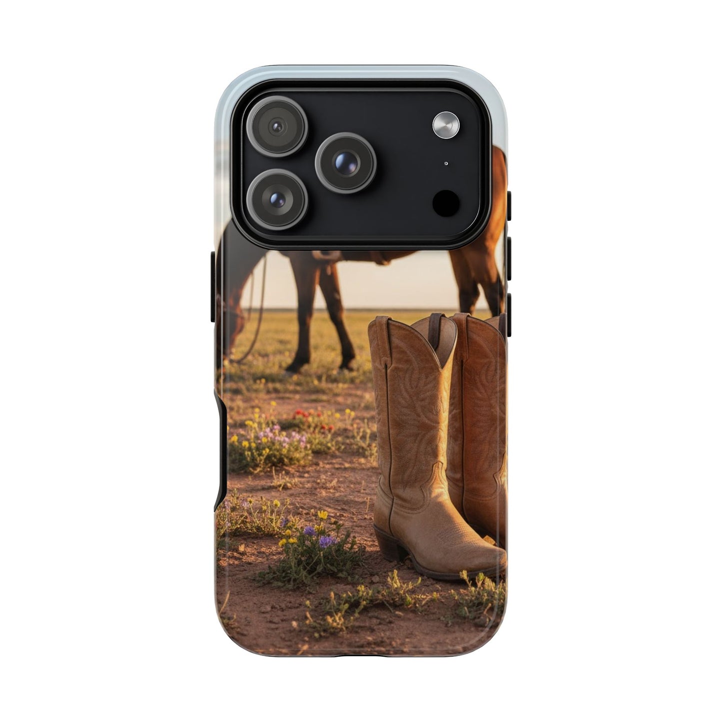 Western Cowboy Boots Phone Case – Rustic Horse Sunset Tough Case (iPhone, Samsung, Pixel)