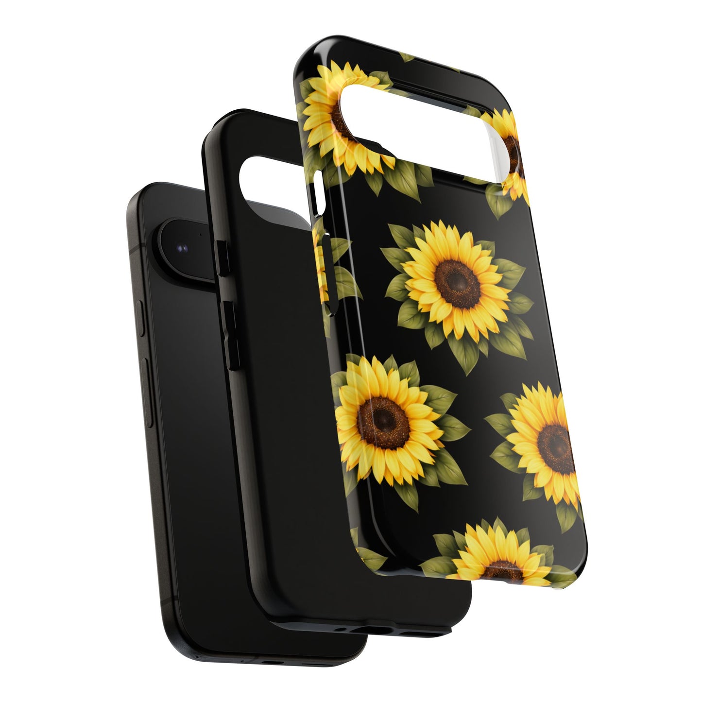 Sunflower Floral Tough Phone Case – Black Background Protective Cover for Iphone, Samsung Galaxy and Pixel