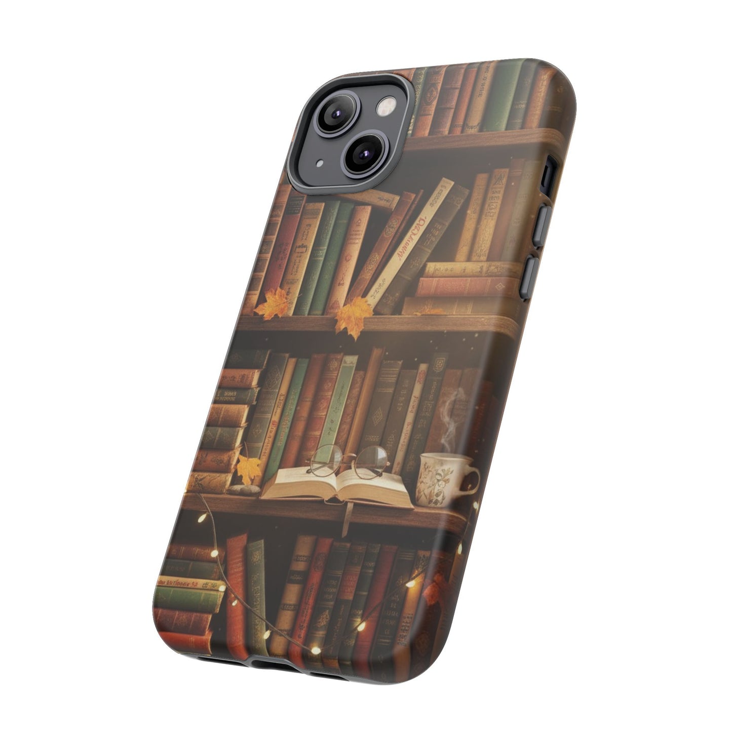 Cozy Vintage Bookshelf Phone Case, Library Aesthetic Book Stack, Autumn Coffee Vibes (iPhone, Samsung, Pixel)