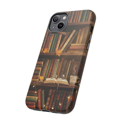 Cozy Vintage Bookshelf Phone Case, Library Aesthetic Book Stack, Autumn Coffee Vibes (iPhone, Samsung, Pixel)
