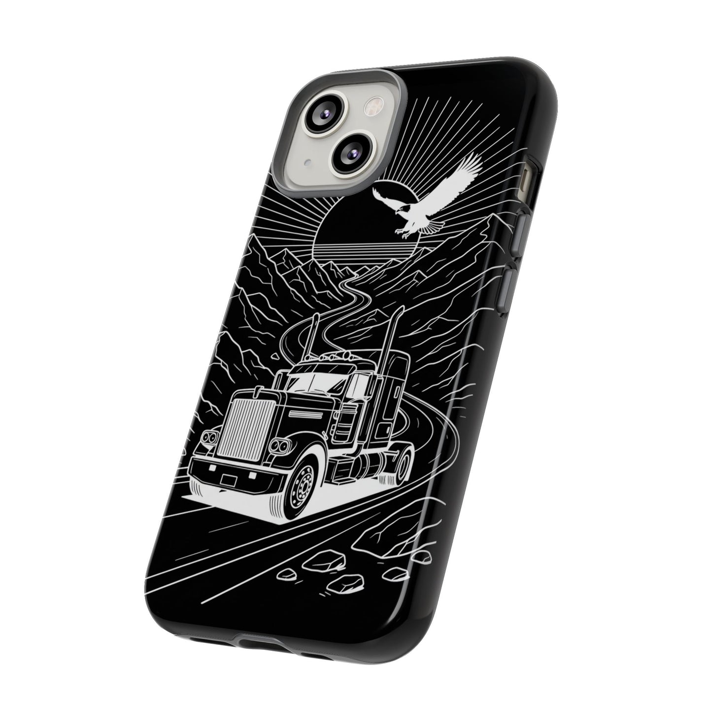 Trucker Highway Phone Case | Eagle & Mountain Line Art | Black Western Tough Case