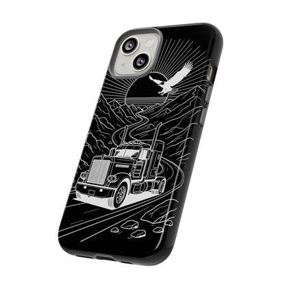Trucker Highway Phone Case | Eagle & Mountain Line Art | Black Western Tough Case
