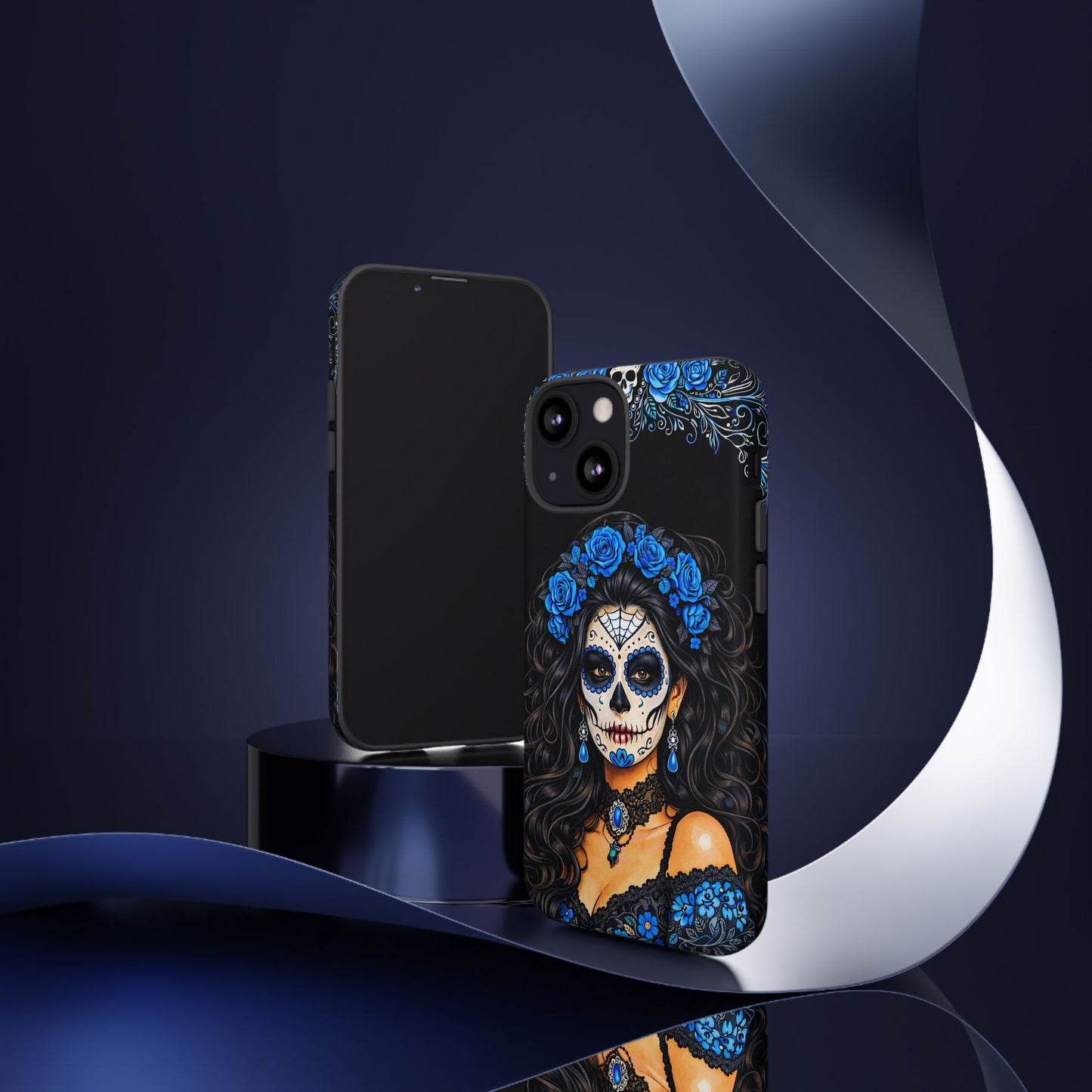 Blue Sugar Skull Woman Phone Case – Day of the Dead Aesthetic Tough Cover