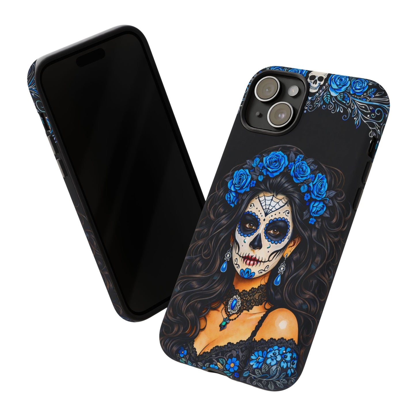 Blue Sugar Skull Woman Phone Case – Day of the Dead Aesthetic Tough Cover