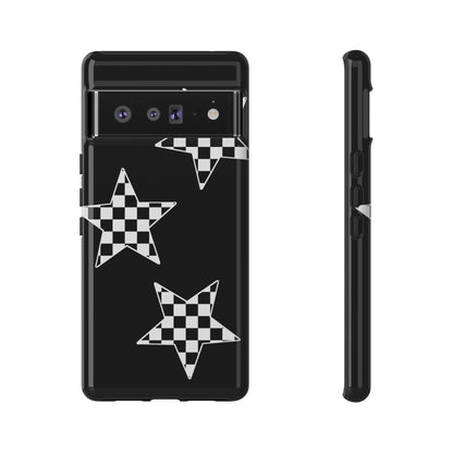 Checkered Star Tough Phone Case – Black Retro Graphic Protective Cover for Iphone, Samsung Galaxy and Pixel