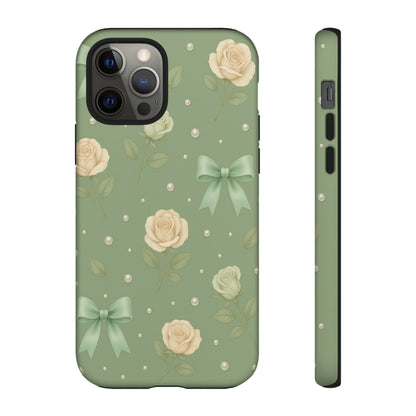 Vintage Rose Bow Phone Case – Sage Green Floral Coquette Aesthetic Tough Case (iPhone, Samsung, Pixel)