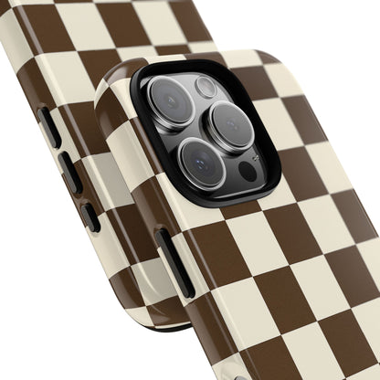 Mocha Checkerboard Phone Case | Neutral Aesthetic Checkered iPhone & Samsung Tough Case
