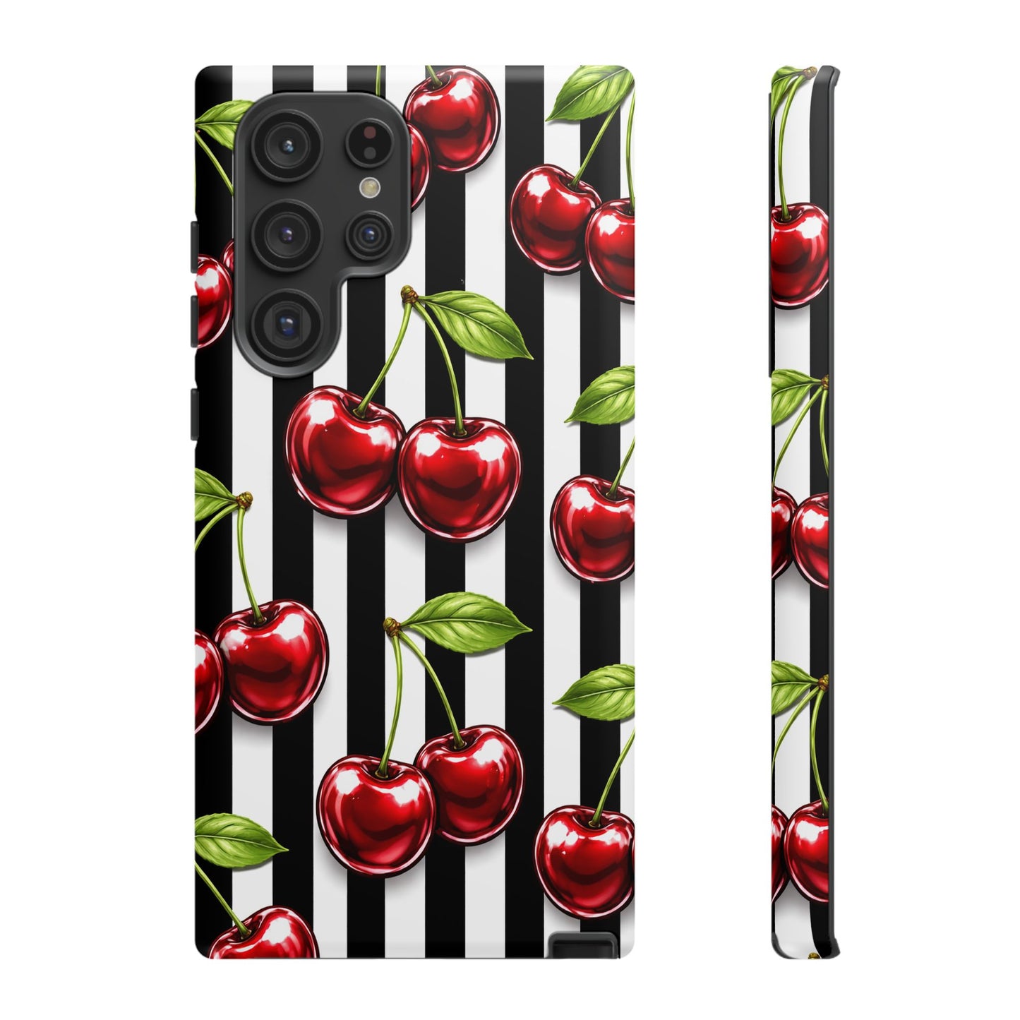 Cherry Pattern Phone Case Black White Stripe Retro Aesthetic Tough Cover