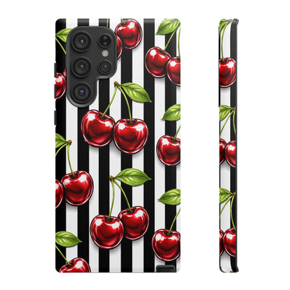 Cherry Pattern Phone Case Black White Stripe Retro Aesthetic Tough Cover