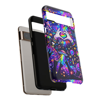 Rainbow Heart Hands Phone Case – Neon Galaxy EDM Festival Tough Cover