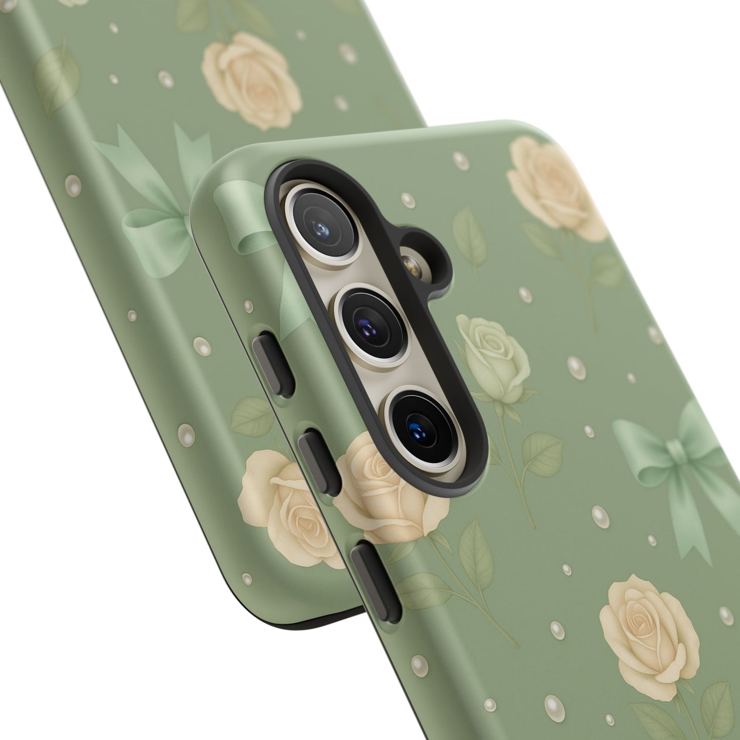 Vintage Rose Bow Phone Case – Sage Green Floral Coquette Aesthetic Tough Case (iPhone, Samsung, Pixel)