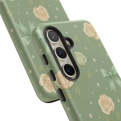 Vintage Rose Bow Phone Case – Sage Green Floral Coquette Aesthetic Tough Case (iPhone, Samsung, Pixel)