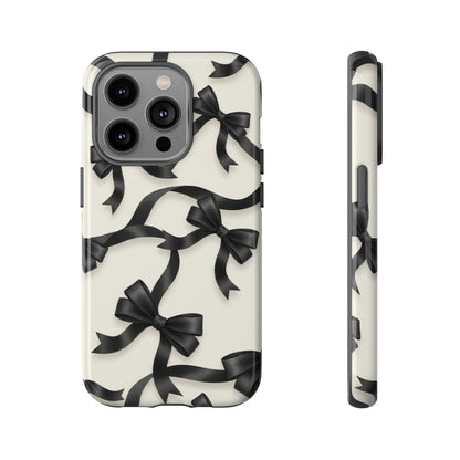 Black Ribbon Bow Phone Case, Minimal Bow Pattern Tough Protective Case