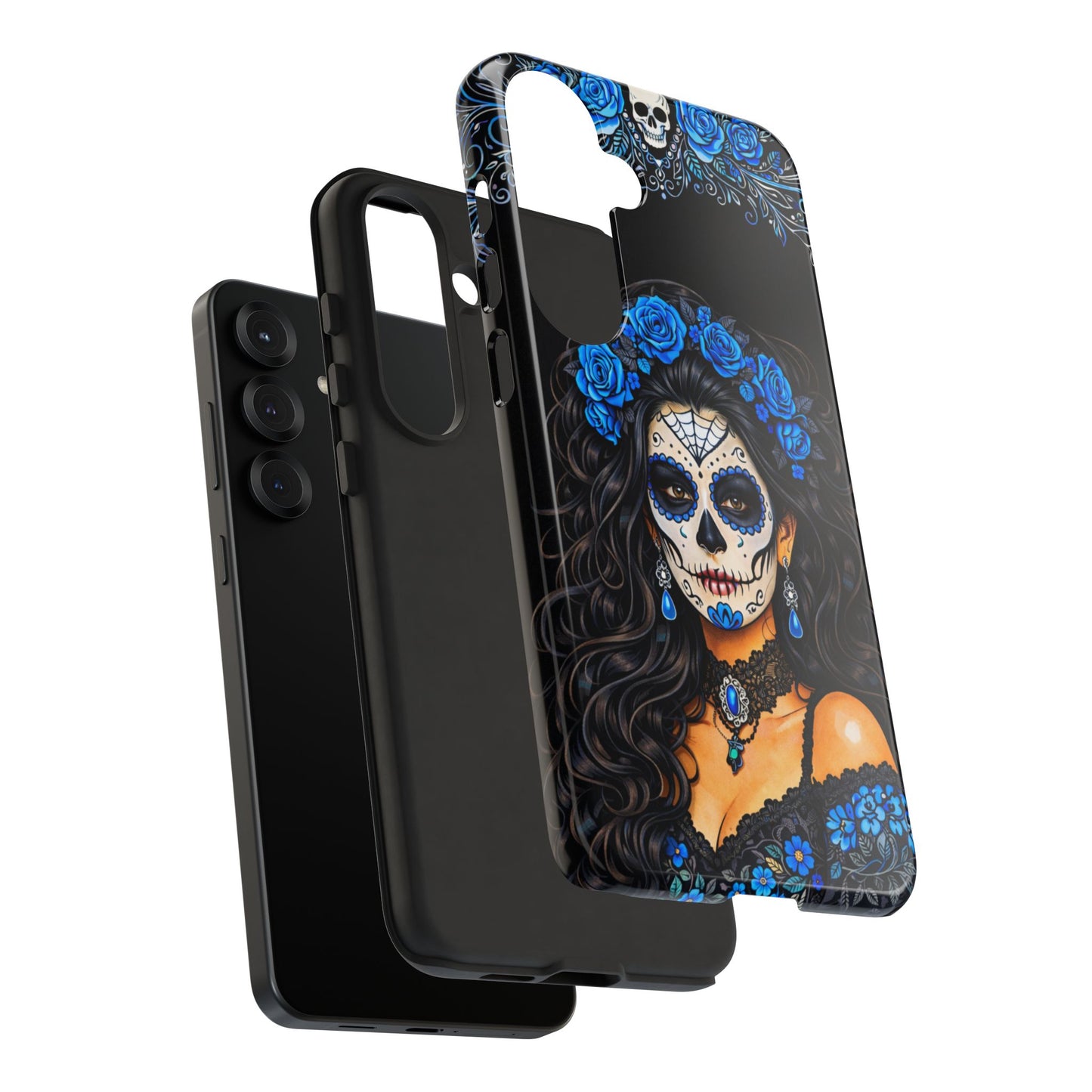 Blue Sugar Skull Woman Phone Case – Day of the Dead Aesthetic Tough Cover