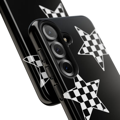 Checkered Star Tough Phone Case – Black Retro Graphic Protective Cover for Iphone, Samsung Galaxy and Pixel