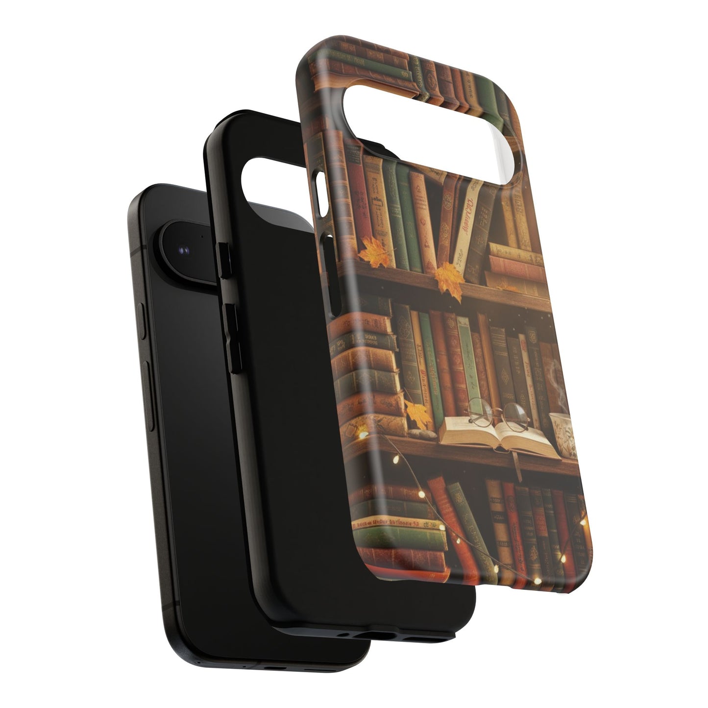 Cozy Vintage Bookshelf Phone Case, Library Aesthetic Book Stack, Autumn Coffee Vibes (iPhone, Samsung, Pixel)