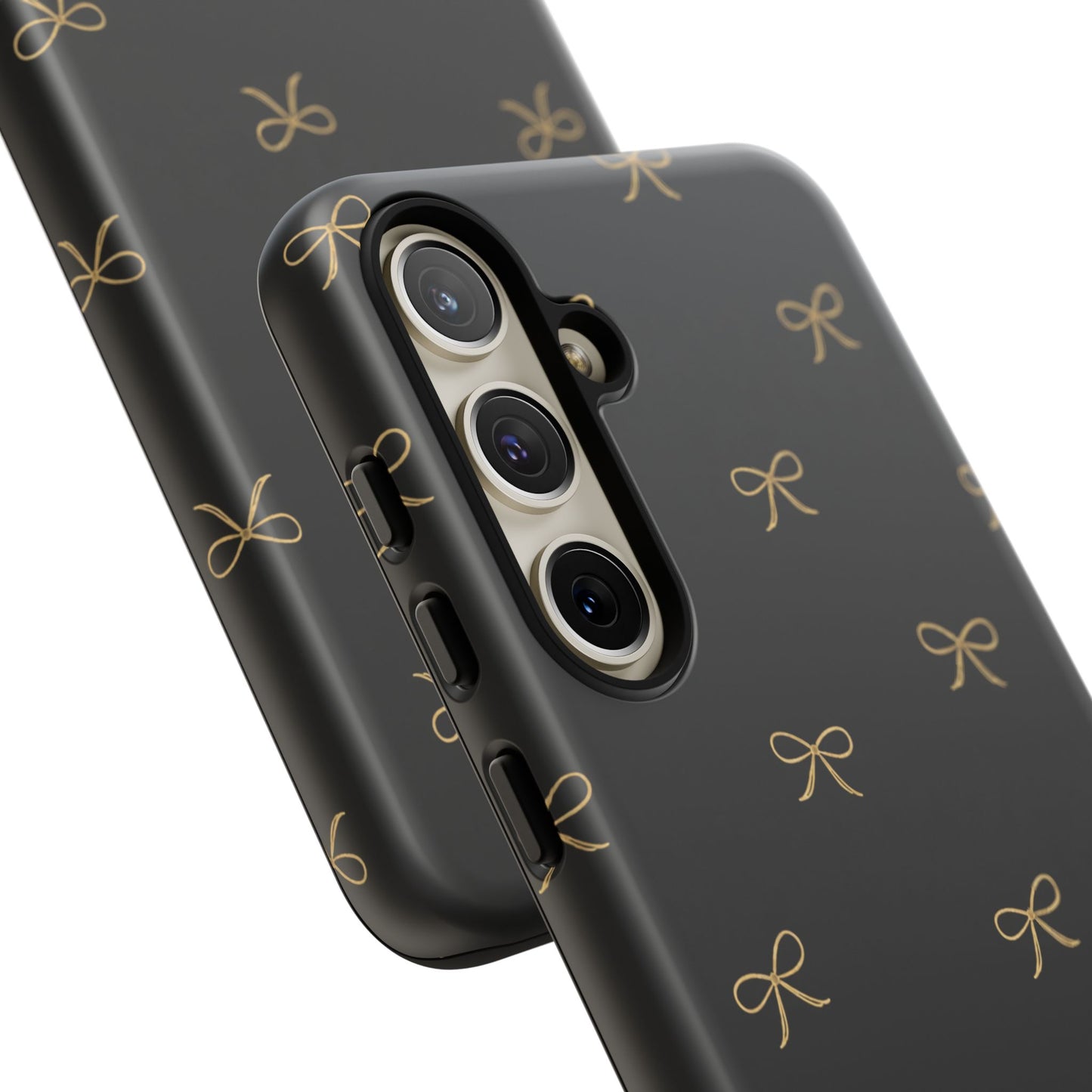 Black Phone Case with Gold Bow Pattern – Slim Protective Cute Aesthetic Cover for Iphone, Samsung Galaxy and Pixel