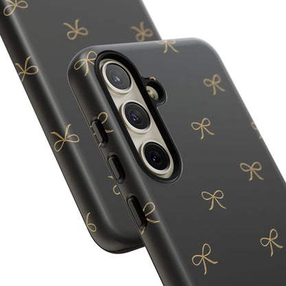 Black Phone Case with Gold Bow Pattern – Slim Protective Cute Aesthetic Cover for Iphone, Samsung Galaxy and Pixel