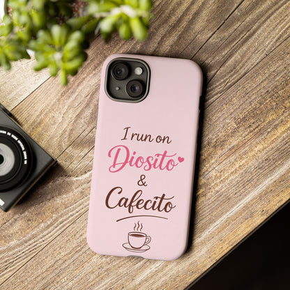 I Run on Diosito y Cafecito Phone Case, Pink Aesthetic Latina Faith Coffee Case, Girly Protective iPhone Samsung Cover