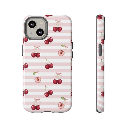 Pink Cherry Stripe Phone Case | Cute Coquette Aesthetic Protective Tough Case