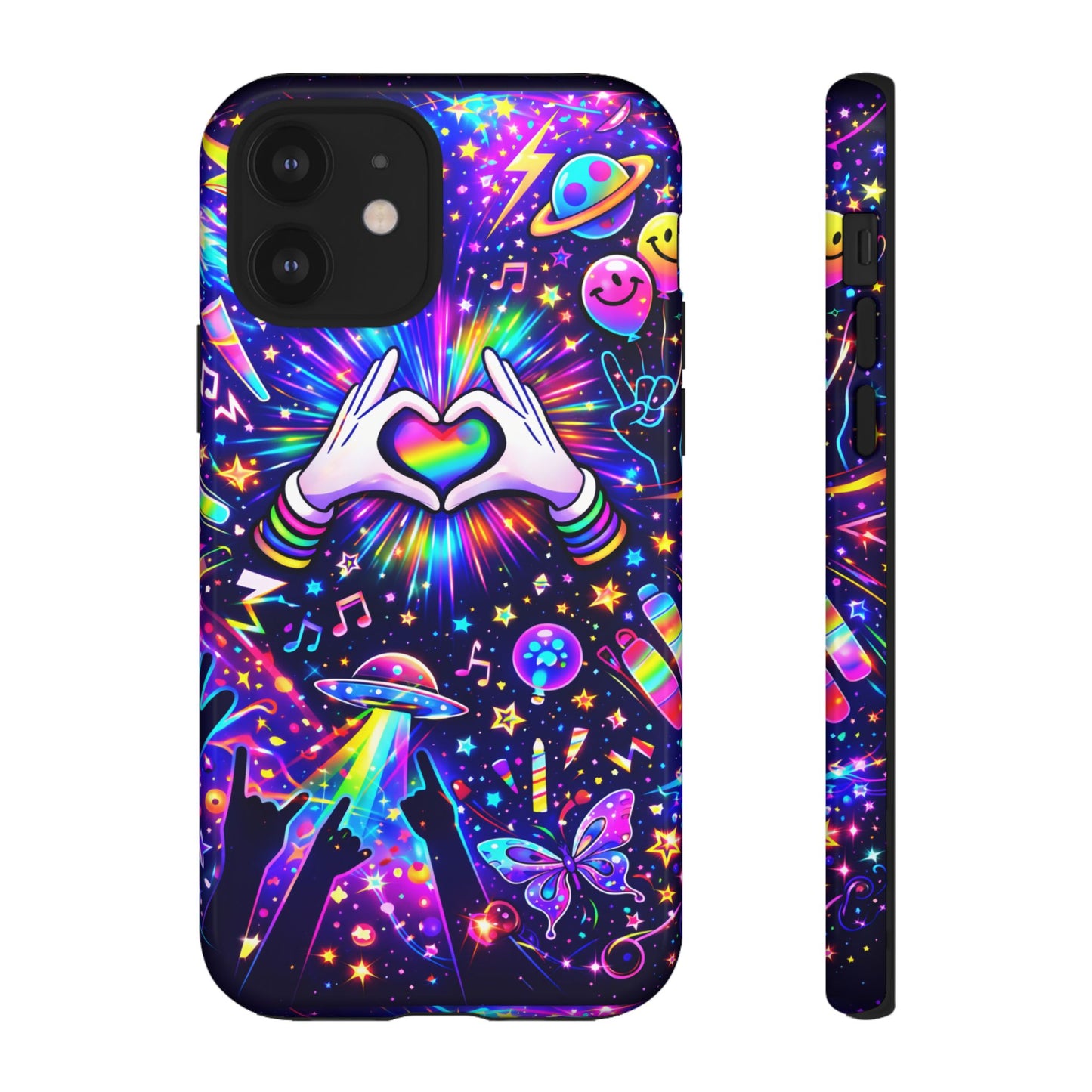 Rainbow Heart Hands Phone Case – Neon Galaxy EDM Festival Tough Cover
