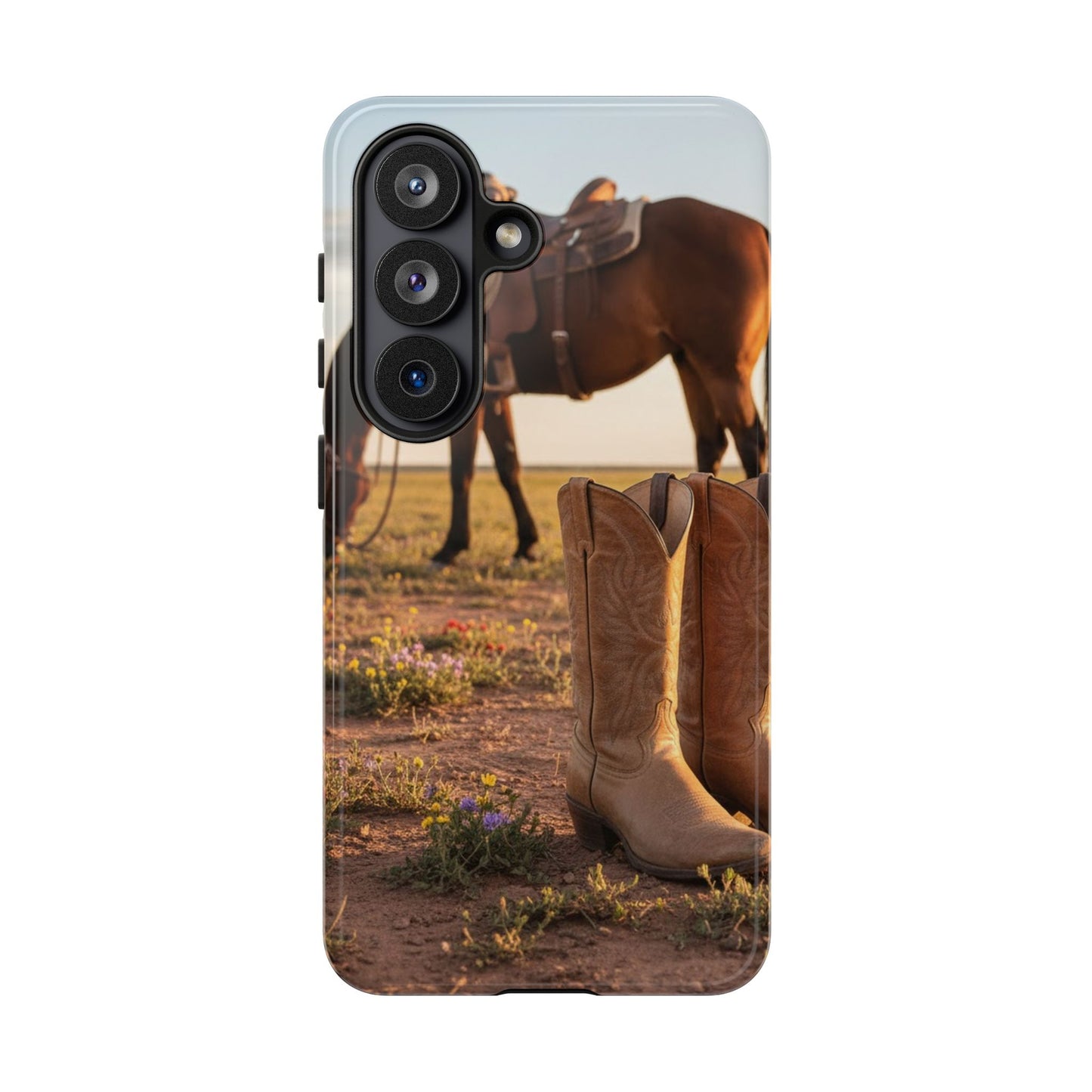 Western Cowboy Boots Phone Case – Rustic Horse Sunset Tough Case (iPhone, Samsung, Pixel)