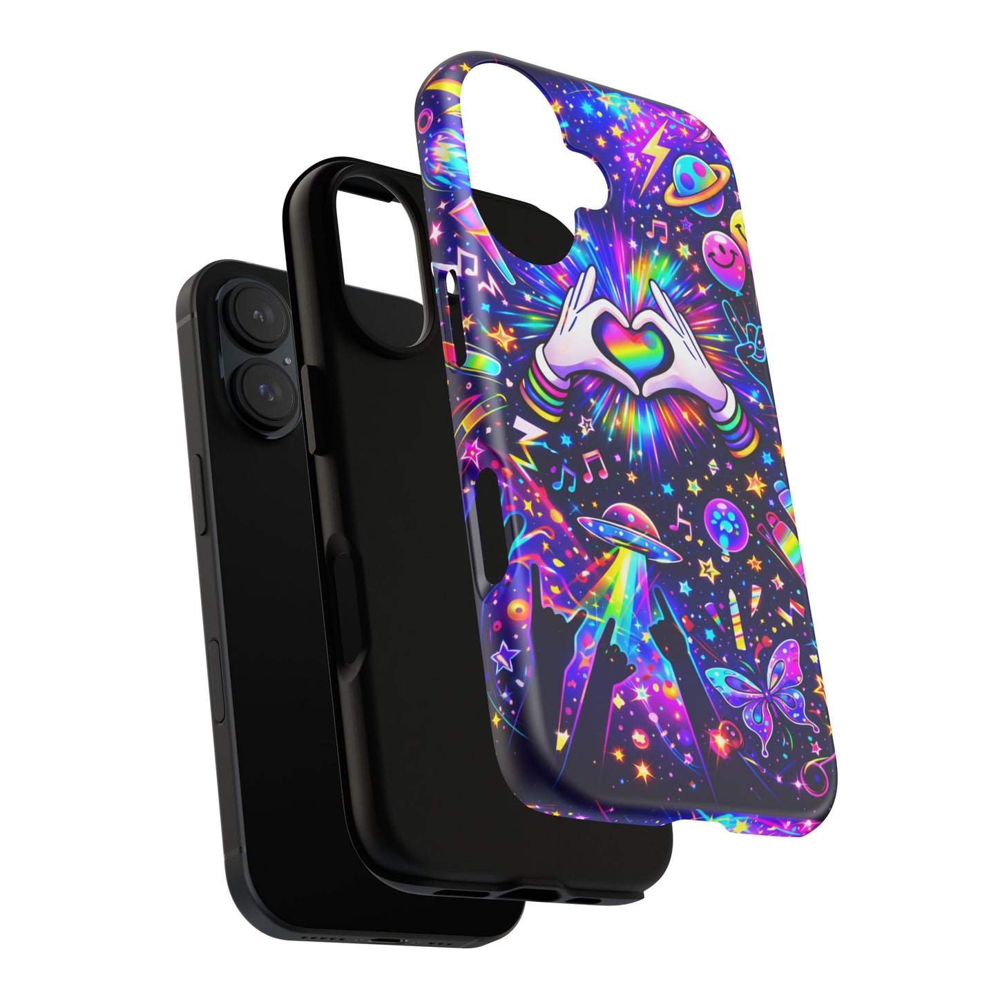 Rainbow Heart Hands Phone Case – Neon Galaxy EDM Festival Tough Cover