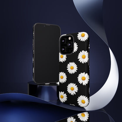 Black Daisy Floral Tough Phone Case – Cute Protective Cover for Iphone, Samsung Galaxy and Pixel