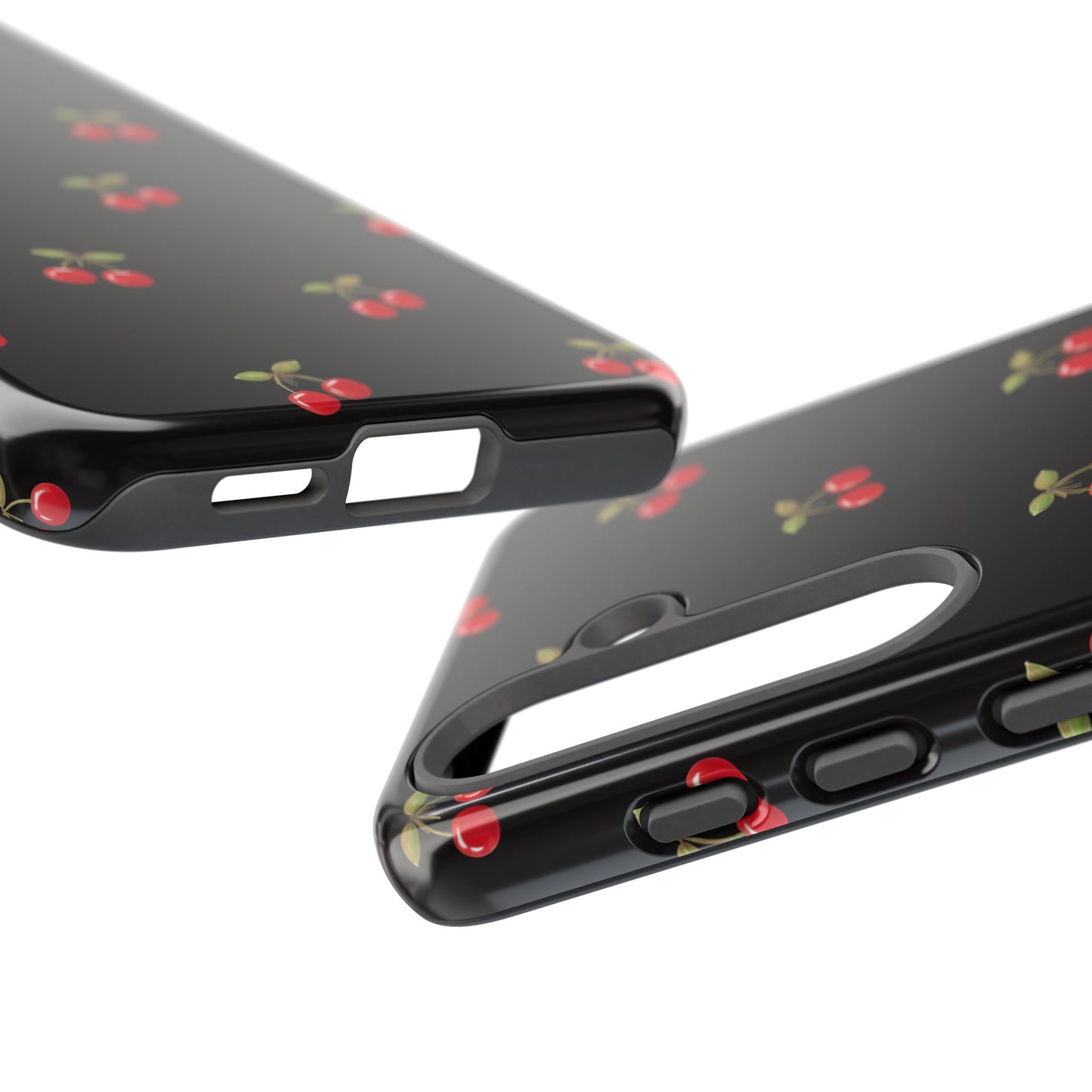 Cherry Pattern Phone Case — Slim Black Protective iPhone Case with Red Cherries for Iphone, Samsung Galaxy and Pixel