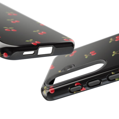 Cherry Pattern Phone Case — Slim Black Protective iPhone Case with Red Cherries for Iphone, Samsung Galaxy and Pixel