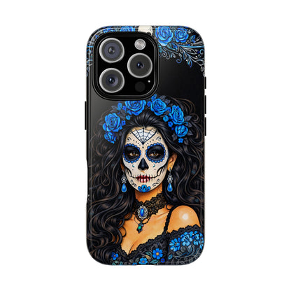 Blue Sugar Skull Woman Phone Case – Day of the Dead Aesthetic Tough Cover
