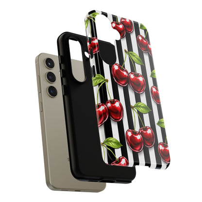 Cherry Pattern Phone Case Black White Stripe Retro Aesthetic Tough Cover