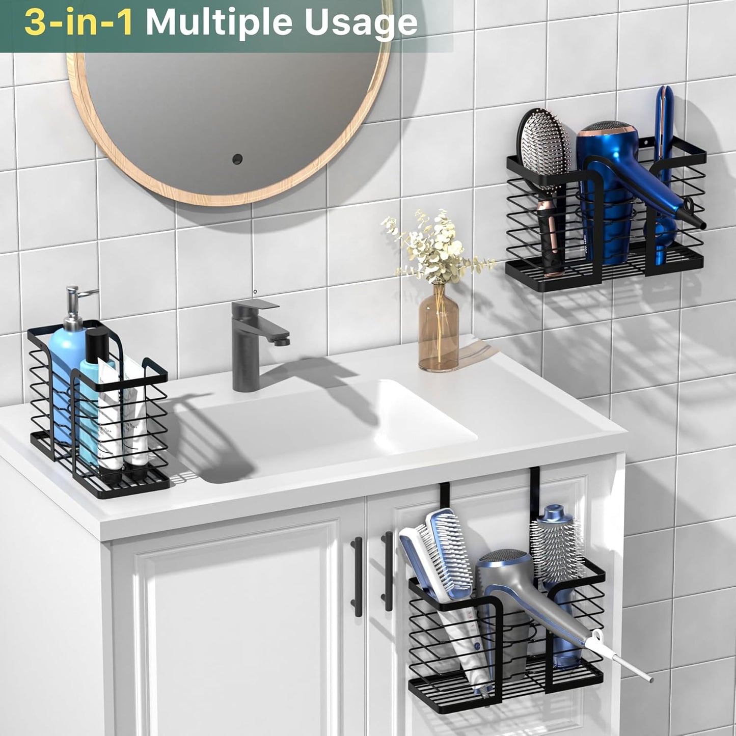 Hair Dryer Holder - Hair Tool Organizer 3-In-1 Blow Dryer Holder Adjustable Height, Bathroom Organizer Wall Mounted/Cabinet Door for Flat/Curling Irons, Hair Straighteners
