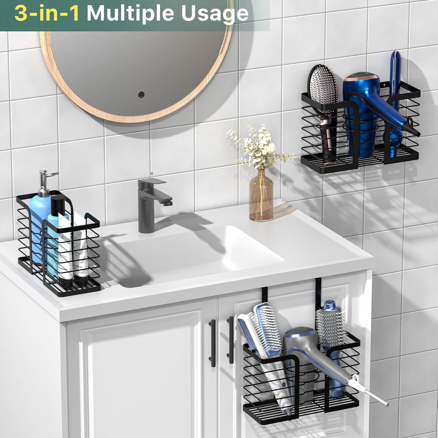 Hair Dryer Holder - Hair Tool Organizer 3-In-1 Blow Dryer Holder Adjustable Height, Bathroom Organizer Wall Mounted/Cabinet Door for Flat/Curling Irons, Hair Straighteners